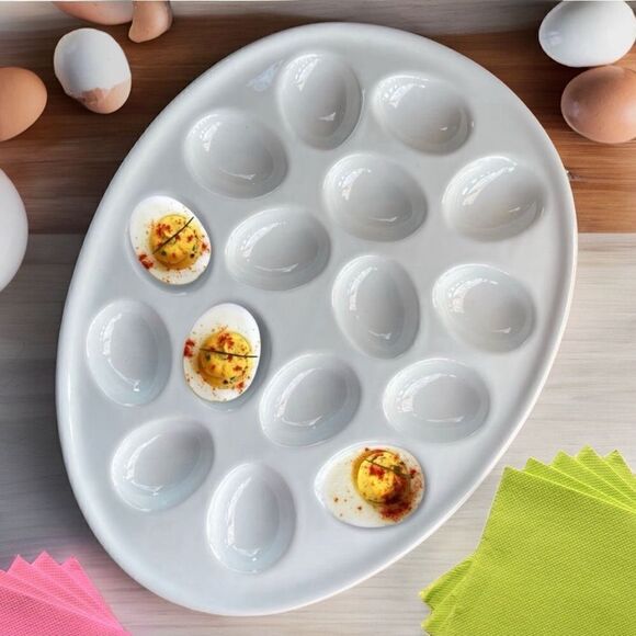 Target Home White Egg Shaped Ceramic Deviled Egg Serving Platter Plate - Picture 2 of 16